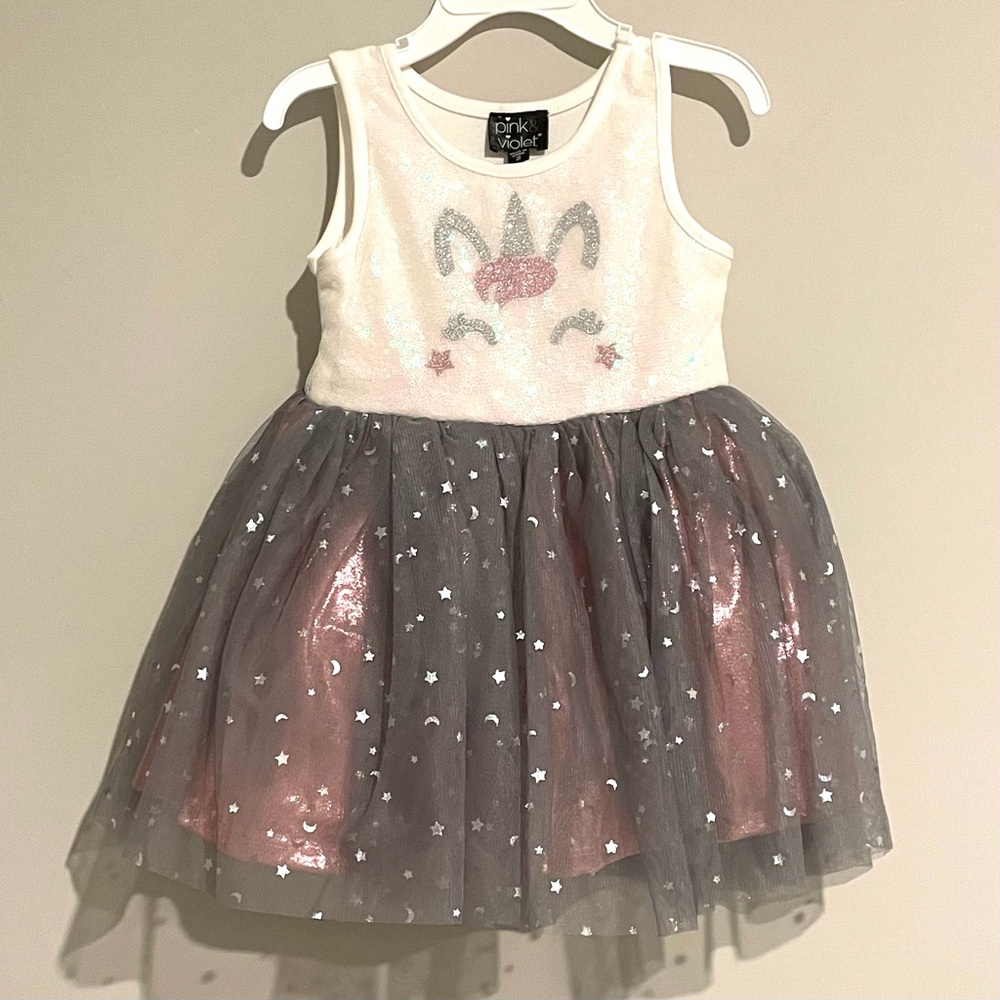 Pink & Violet Sz 2 Girls Toddler Sleeveless Sequin Unicorn Dress Ivory NEW Tags
